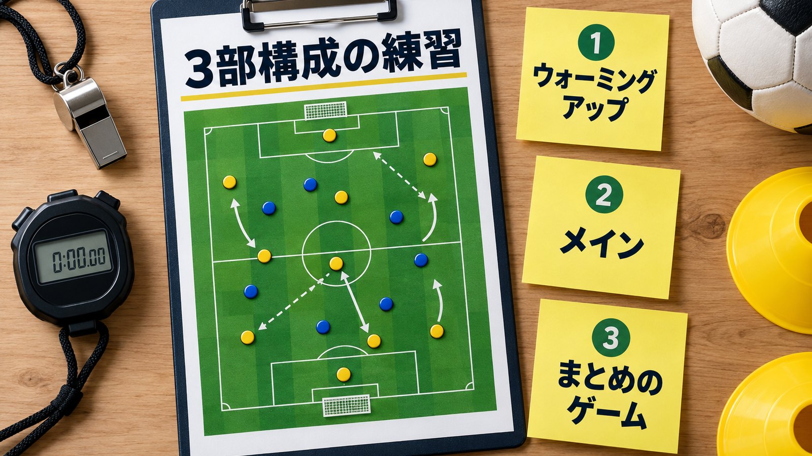 練習ページを表示したクリップボードと笛、ボール、コーン